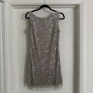 Adrianna Papell Silver Sequin Fringe Mini Dress